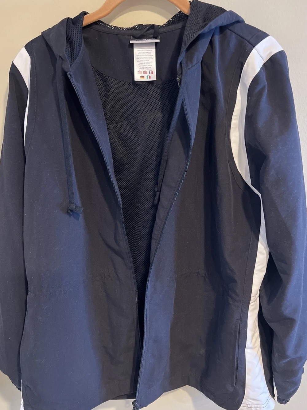 Reebok Navy and White Hooded Windbreaker Jacket with Mesh Lining